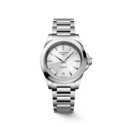 Quadrante argento a raggi di sole con indici applicati e lancette argentate lucide, Swiss Super-LumiNova® dell'orologio Longines Conquest